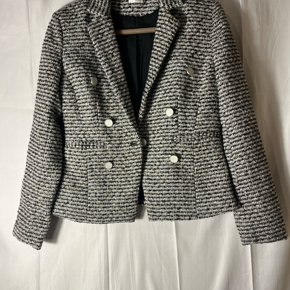 ECRU tweed blazer with double breasted look in black and white tweed Sz 8 - Picture 9 of 10